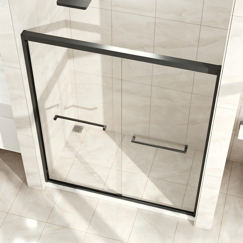 Porte de douche coulissante double encadrée, 152 cm (L) x 183 cm (H), en verre trempé transparent noir mat