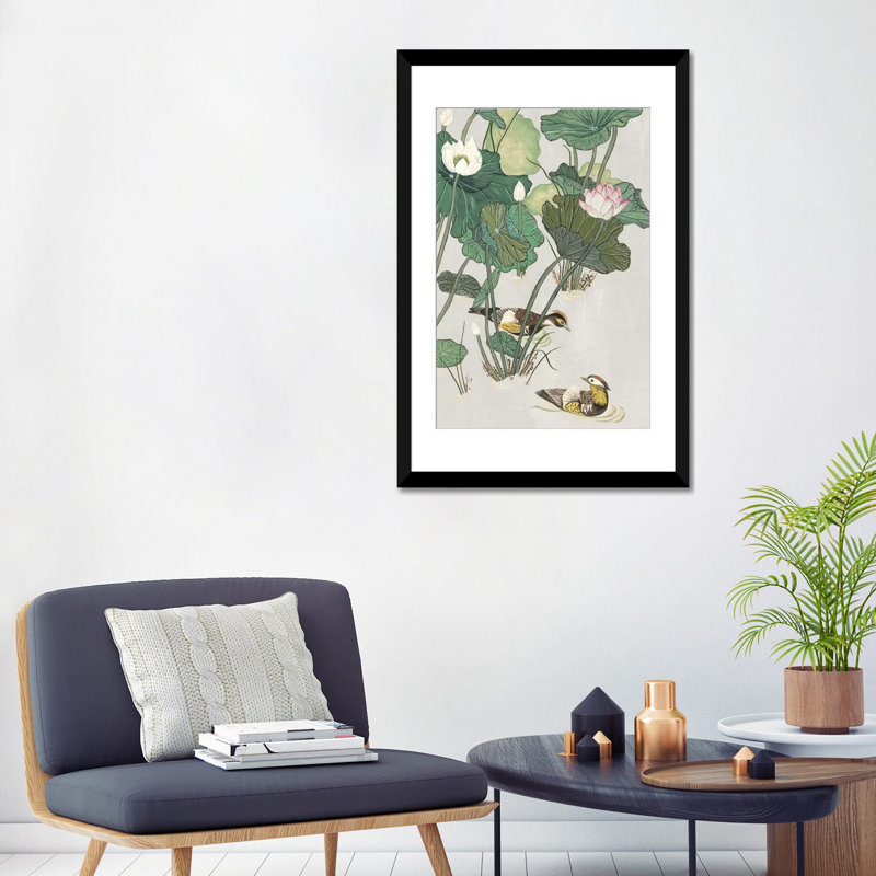 «Lotus Pond I», impression sur toile, H 24 po x l 16 po x P 1 po, Papier d'art encadré noir, Blanc