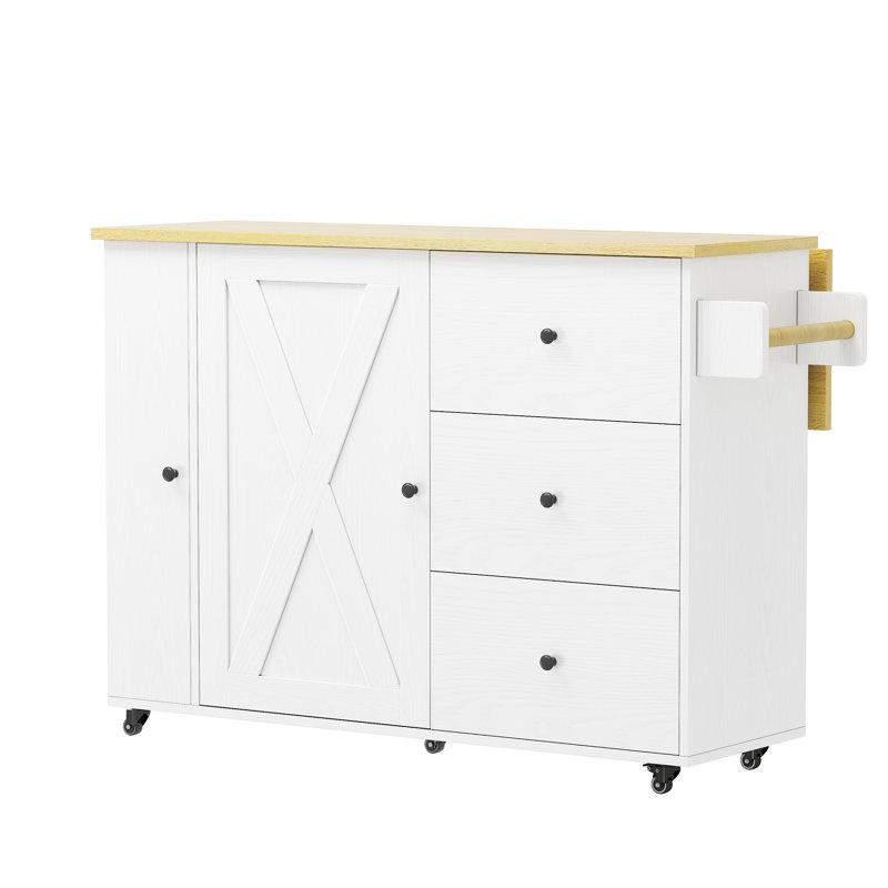 47.2" Transitional Style Kitchen Island With Drop Leaf And Storage, Rolling Kitchen Cart On Wheels With 3 Drawers And Cabinets, Coffee Station