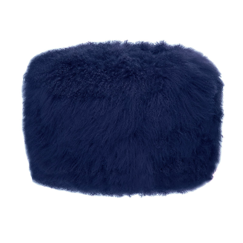 Round Tibetan Lamb Sheepskin Ottoman, Navy, 30" Diameter x 16" High