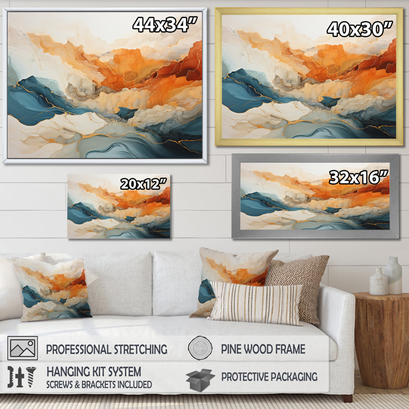 Abstract Orange And Blue River Ink - Abstract Marble Wall Art, Wrapped Canvas, 34" H x 44" W, No Frame
