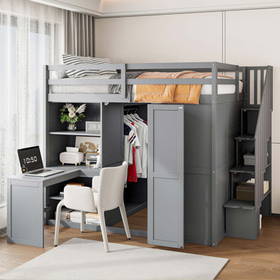 Lit mezzanine double avec garde-robe, bureau et tablettes