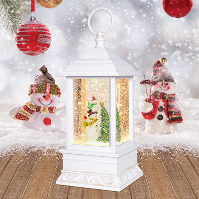 Lanterne boule à neige de 10,2 po avec deux lanternes illuminées en forme de sapin de Noël en forme de paillettes tourbillonnantes, décoration de Noël, cadeau de Noël, à piles ou alimenté par USB