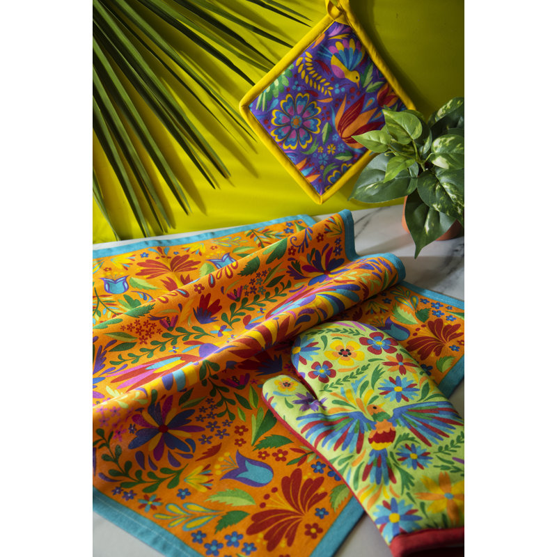 Excelsa Mexican Flowers Cotton Potholder & Oven Mitt Set
