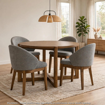 Andy 5pc Dining Table Set, Cross-Sled Base, Gray Fabric Chairs, Brown Wood