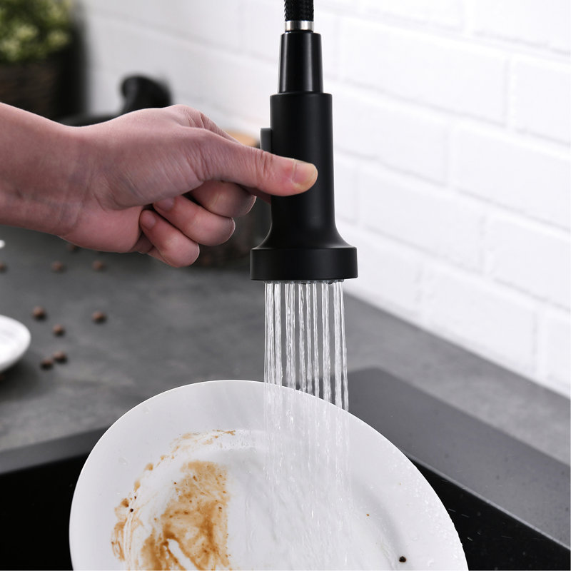Robinet de cuisine noir, douchette extractible, matériau en laiton, poignée simple, robinet d'évier contemporain à rotation 360 °, laiton, trou, valve de contrôle de température