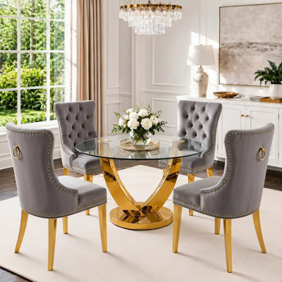 38.9" Round Glass Dining Room Table Set for 4, Modern Clear Kitchen Table Set with 4 Velvet Upholstered Chairs