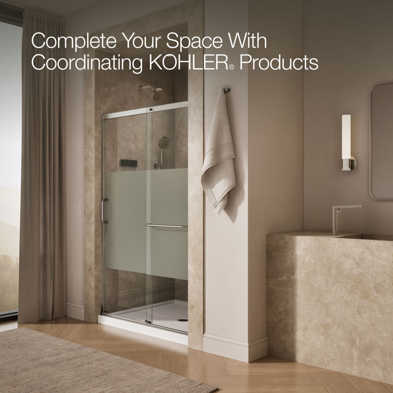 Elate Tall Sliding Shower Door, 75-1/2-In H X 44-1/4 - 47-5/8-In W, With Heavy 5/16-In Thick Crystal Clear Glass With Privacy Band