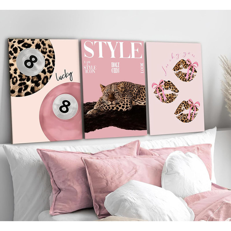 3 PCS Pink Leopard Canvas Wall Art Trendy Cheetah 8 Ball Bow Poster Prints Y2k Coquette Preppy Lucky Aesthetic Fashion Pictures Art For Girls Bedroom Dorm Living Room Apartment Decor 12*16In (Stretched Canvas On A Wooden Frame)