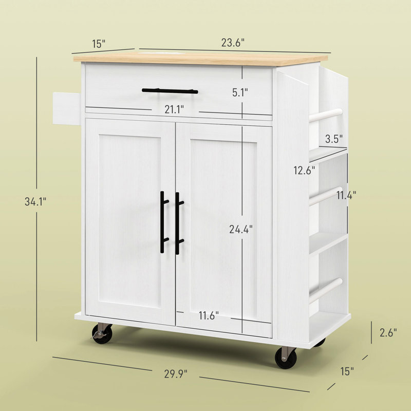 Kitchen Island With Electrical Connections And Valuable Storage Options - White, Drawer, Cabinet Adjustable Shelf, Towel Rack, Spice Rolling Cart Ac Outlets & Ports Cabinet, Stable Mobility