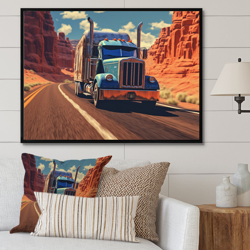 Semi Tractor - Transport, reproduction d'art sur toile, H 16 po x l 32 po x P 1 po, Cadre flottant noir