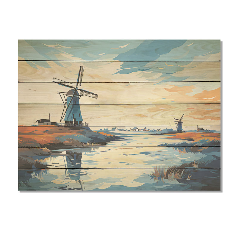 Holland Wind Turbine Meadows III - Wind Turbines On Wood Print, 30" H x 40" W x 0.78" D