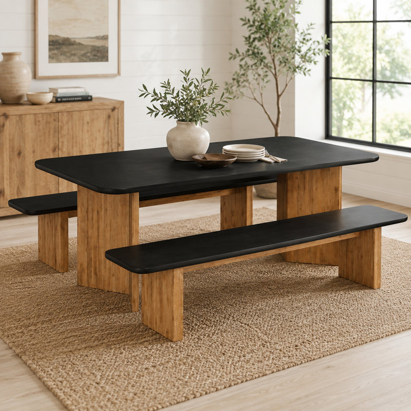 Ensemble de table de salle à manger et de bancs en fibre de verre 86,6 po noir mat intérieur / extérieur avec base en bois d'acacia Balictar