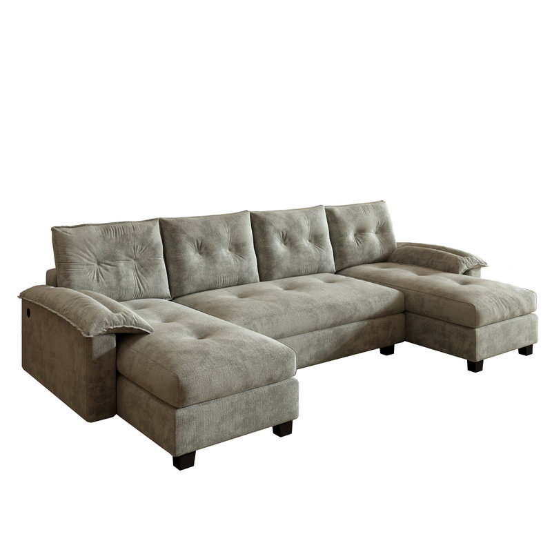 Modular U-Shaped Sleeper Sofa with USB Ports & Removable Armrests, Light Gray Corduroy