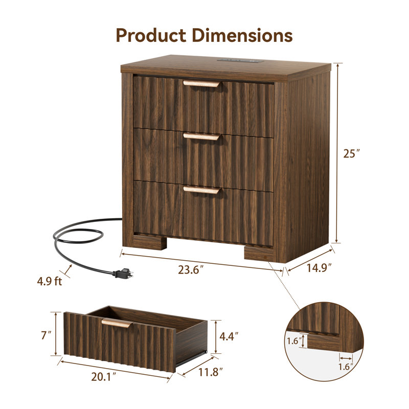 3-Drawer Modern Nightstand For Bedroom, 23.6''W Storage Chest Organizer For Living Room (Set Of 2), Walnut, 2