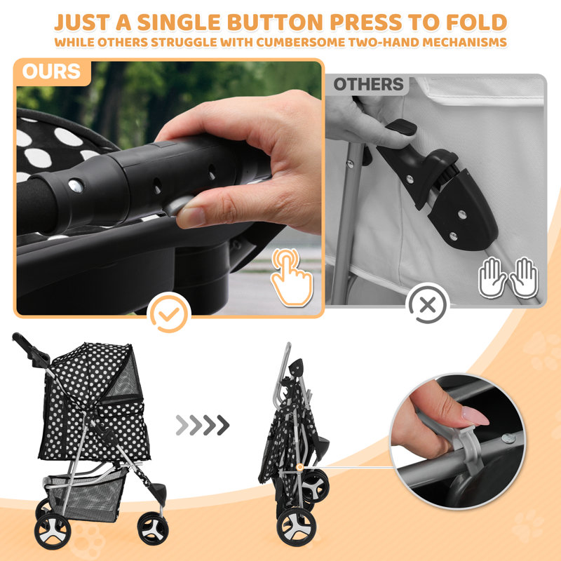 Black and White Polka Dot Foldable Dog Stroller with Storage