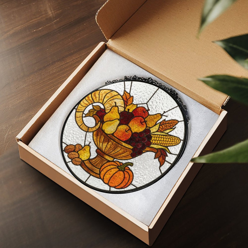 Vitrail style récolte d'automne Cornucopia vitrail panneaux Suncatcher pour décor de fenêtre, 3,5 x 3,5 po (9 x 9 cm)