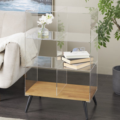 Maique Acrylic Plastic 6 Section Storage Clear Shelving Unit with Wood Base and Black Legs