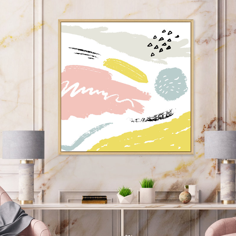 Éléments décoratifs rétro roses, jaunes et gris - reproduction d'art sur toile moderne, H 16 po x l 16 po x P 1 po