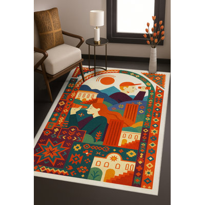 Tapis bleu tissé lavable rétro Mosso