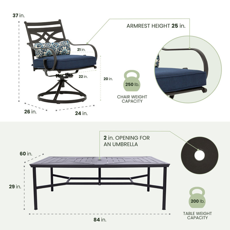 Elmfield 10 - Person Metal Patio Dining Set with Rectangular Table , Cushions Included, Navy Blue