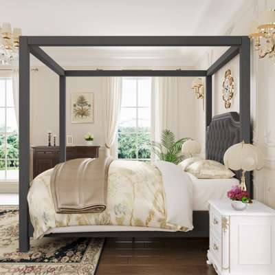Full Size Canopy Bed Frame, Four Poster Wood Platform Bed with Upholstered Headboard, Two-Purpose Bed Frame, No Box Spring Needed, Grey