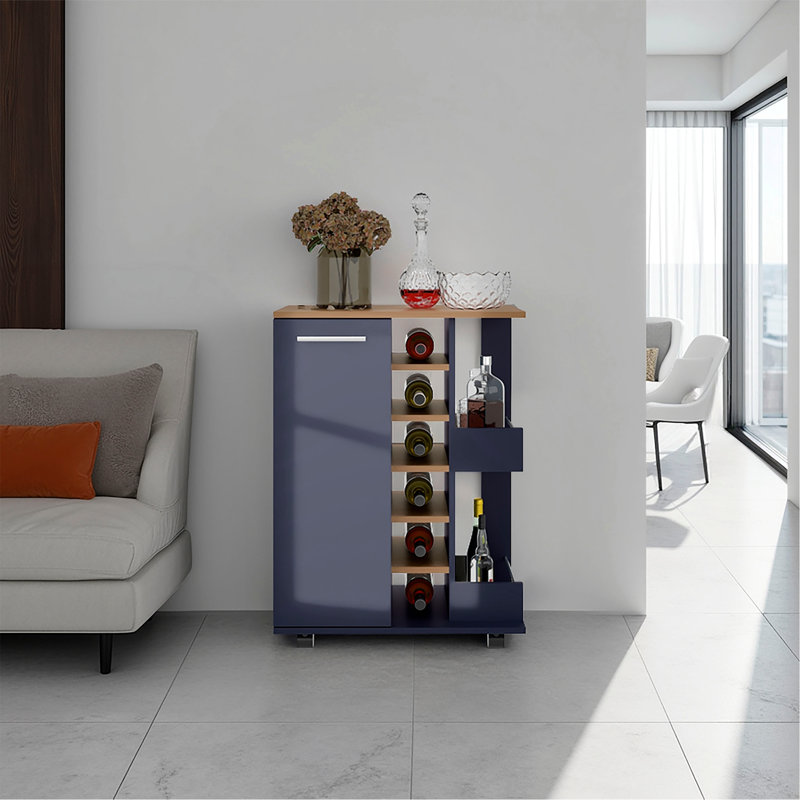Chariot-bar H 32,3 po, 1 porte, 10 tablettes, bleu Alby / chêne naturel - salon
