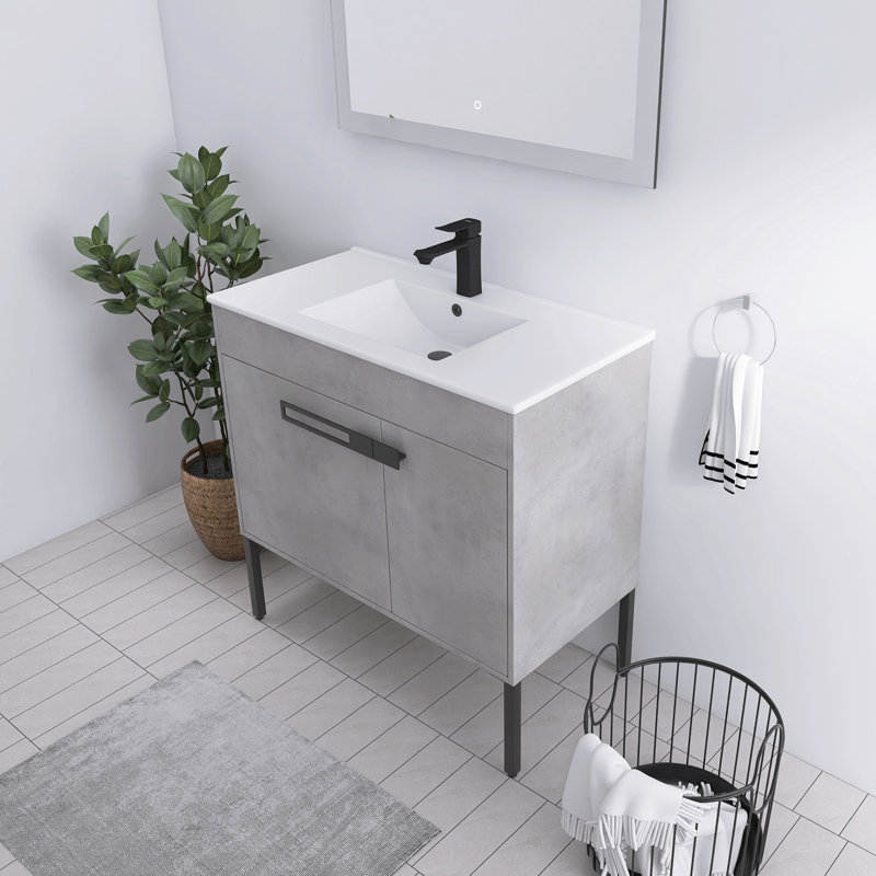 Meuble-lavabo simple avec plateau en céramique Eurania, Gris