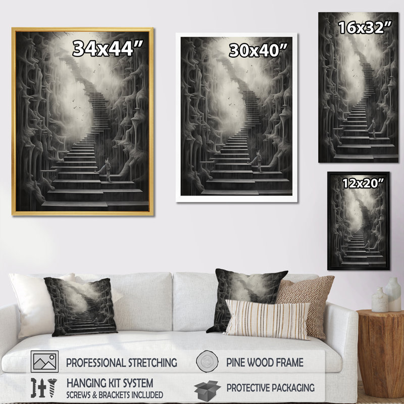 Reproduction sur toile grise surréaliste grise III, Cadre flottant doré, H 44 po x l 34 po x P 1,5 po