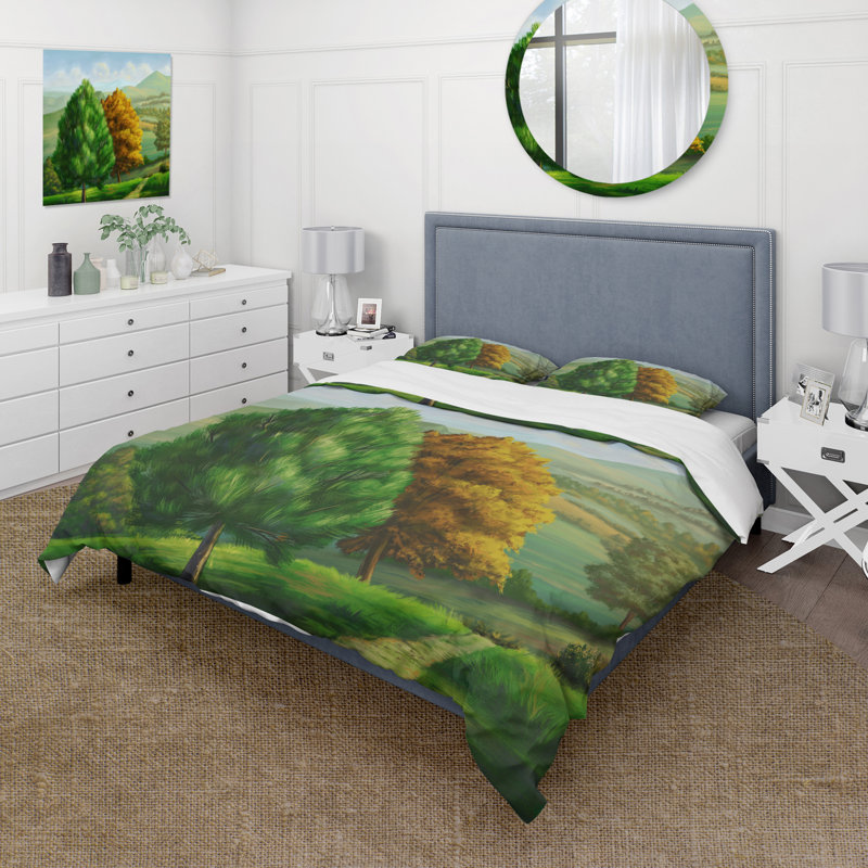 Paysage champêtre avec arbres vibrants - ensemble de housse de couette traditionnel - microfibre de polyester