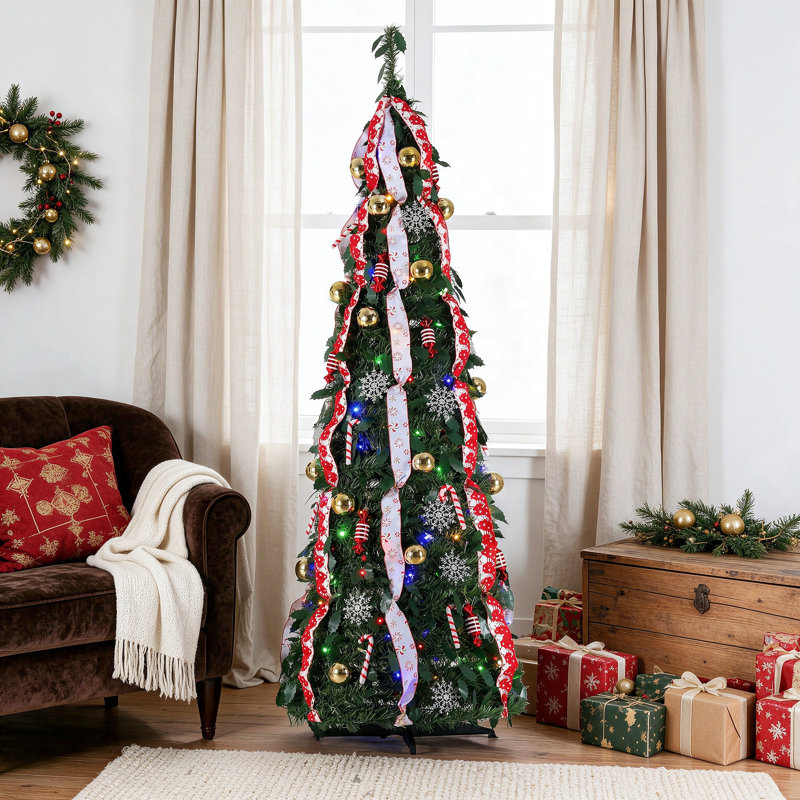 6ft Pre-lit Pop Up Christmas Tree, Pre Decorated W/100 Warm White & Coloured Lights, Collapsible Artificial Christmas Tree W/remote, Brightness Adjustment, Timing, 11 Models, Xmas Holiday Home Decor