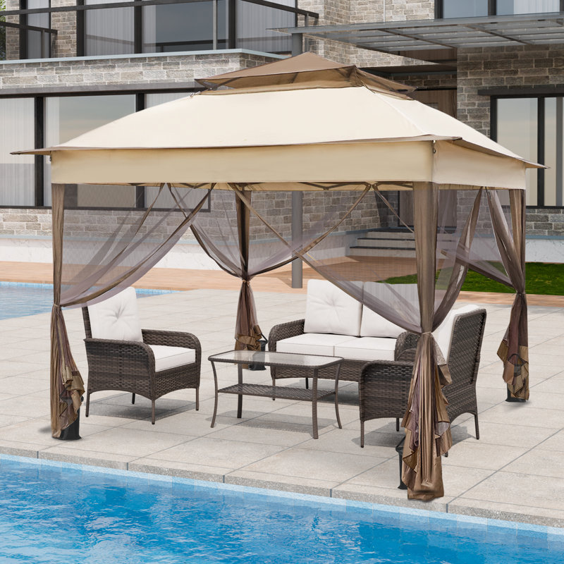 11 Ft. W x 11 Ft. D Outdoor Pop Up Soft Top Steel Patio Gazebo with Netting, Beige