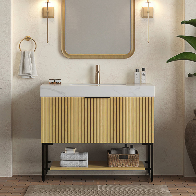 Armoire de rangement autoportante rayée avec 1 tiroir et tablette ouverte pour salle de bain