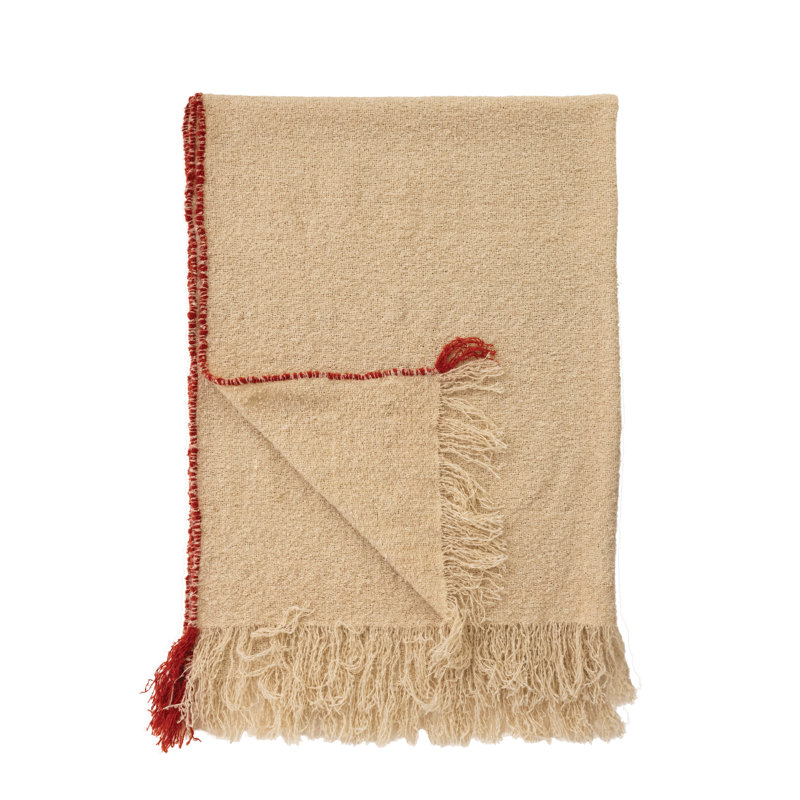 Jeté bouclé tissé brun clair avec frange artisanale