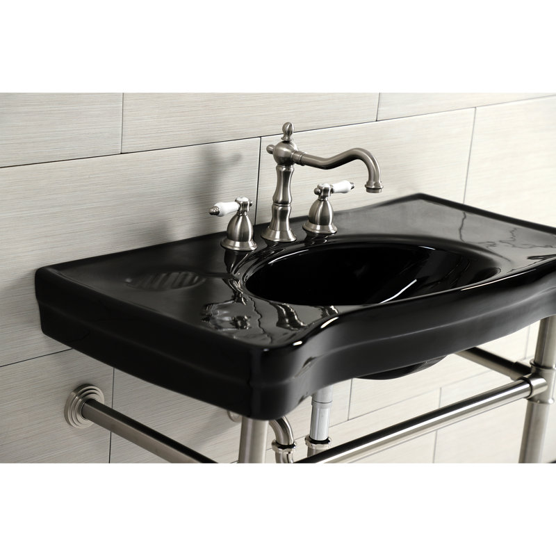 Kingston Brass Imperial 36-Inch Ceramic Console Sink Basin with Stainless Steel Legs (8-Inch, 3-Hole), Brushed Nickel