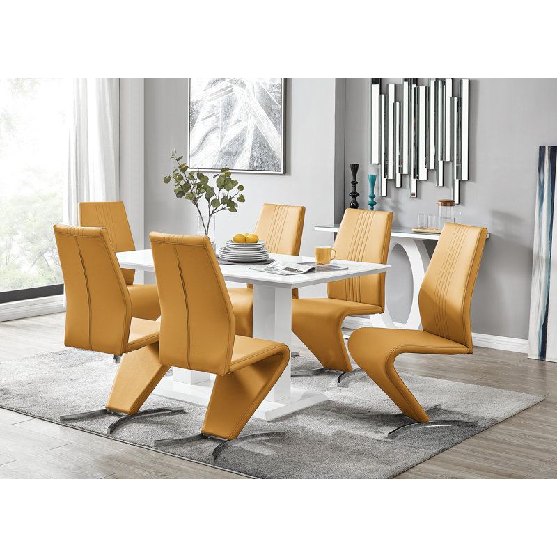 Eubanks High Gloss Double Pillar Dining Table Set with 6 Luxury Faux Leather Dining Chairs, Mustard Yellow