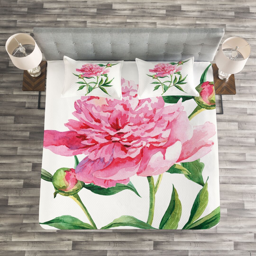 Gestepptes Bettdecken-Set, Vintage Peony, Natur, Grün Weiß Rosa