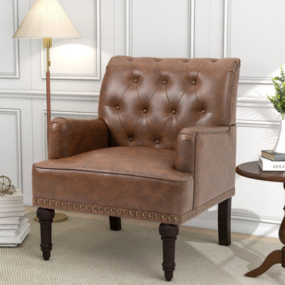 Enoks Upholstered Faux Leather Tufted Armchair with Nailhead Trim by Ophelia & Co.