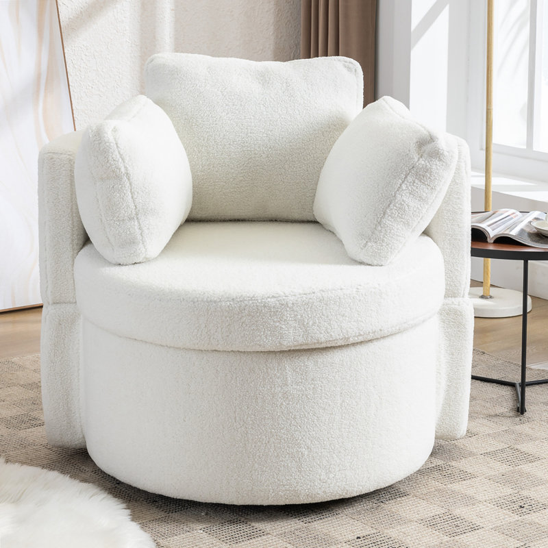 Fauteuil demi-tonneau pivotant avec rangement, Blanc peluche