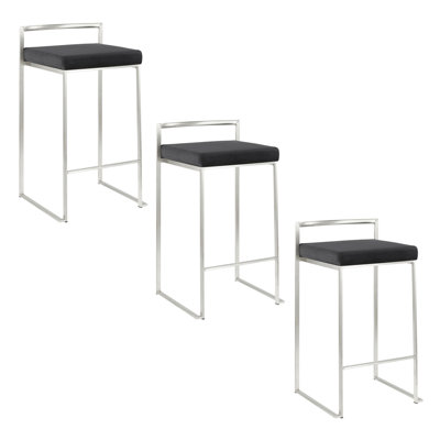 26" Contemporary Stackable Counter Stool In Stainless Steel With Black Velvet Cushion  - Set Of 3
