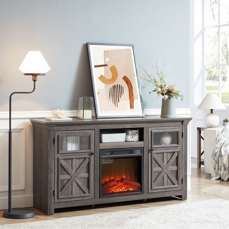 Meuble télé Farmhouse avec foyer encastré, grand rangement et tablettes réglables pour une vie moderne, Gris, Oui