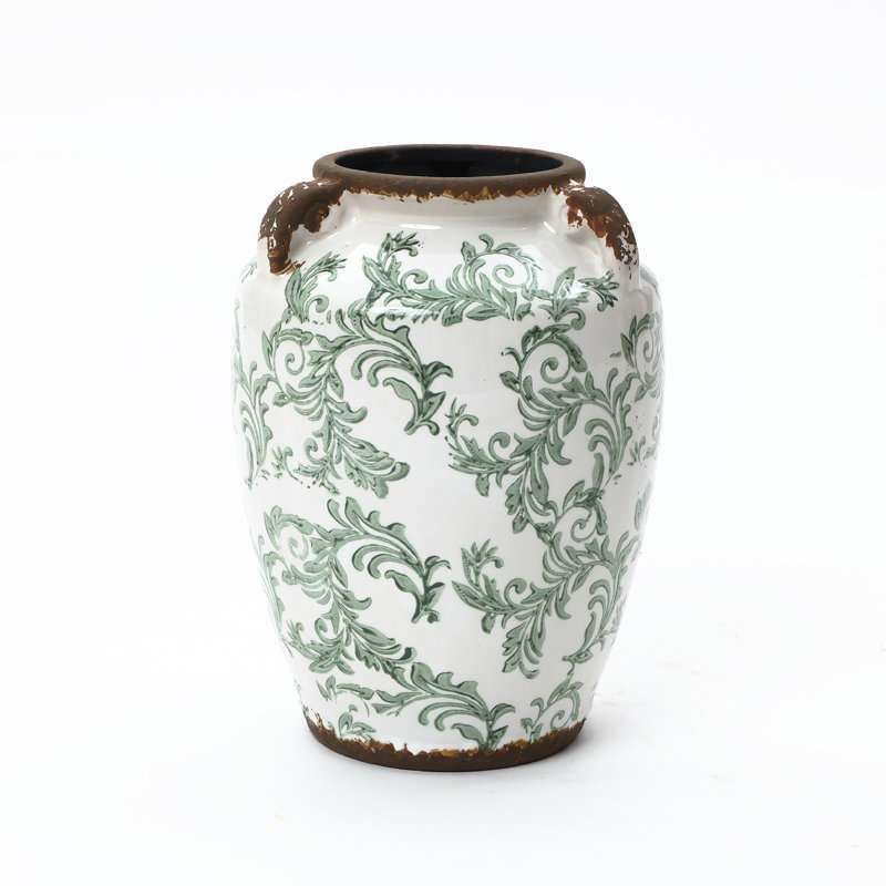 Green Floral Wide-Mouth Ceramic Vase, 7.28" Round Indoor Home Decor