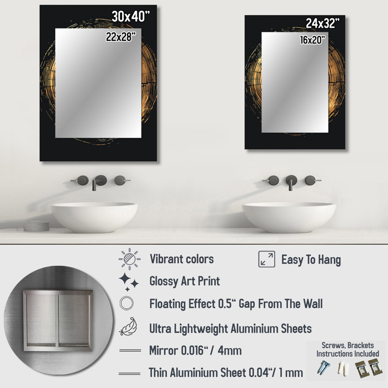 Black Gold Abstract Of Tree Ring II - Wood Slide Decorative Wall Mirror, Traditional Large Mirror, Printed Metal Art