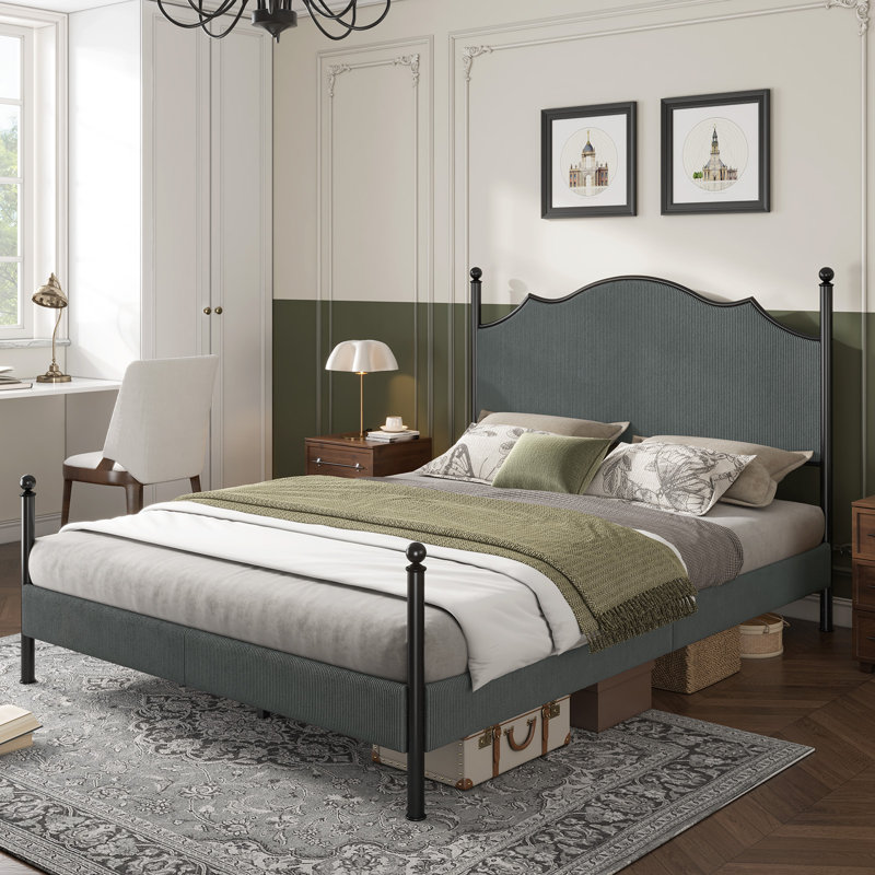 Lark Manor Upholstered Bed Frame With 51.2" Tall Headboard, Metal Four Poster/LED/Easy Assembly, Full / Double, Dark Gray