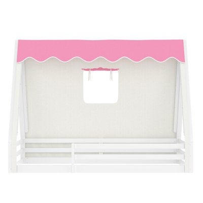 Lit simple au sol avec tente et lit de ferme en bois massif avec garde-corps pleine longueur, design Montessori et enfantin, blanc et rose
