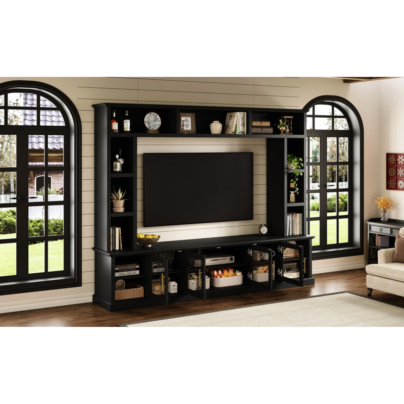 80-Inch Tv Compatible Entertainment Center With Shelving For Books And Snacks In Living Room Console Decor, Black