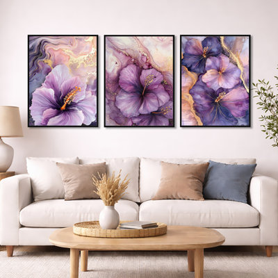 Écho d'hibiscus mauve et doré - ensemble d'art mural hibiscus de 3