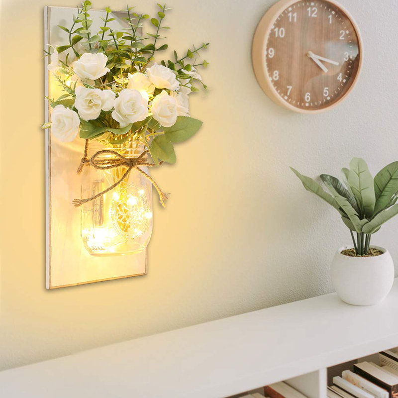 2-Pack Wall Sconces with Rustic Wood Boards, Mason Jars, Led Lights, Remote Control, White