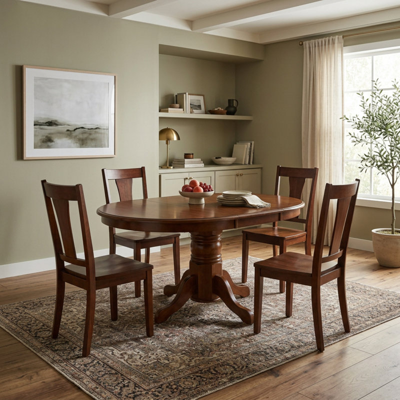 Ensemble de table et de chaises ovales en caoutchouc brun selle avec rallonge papillon et rangement intégré, 4 chaises avec assise en similicuir