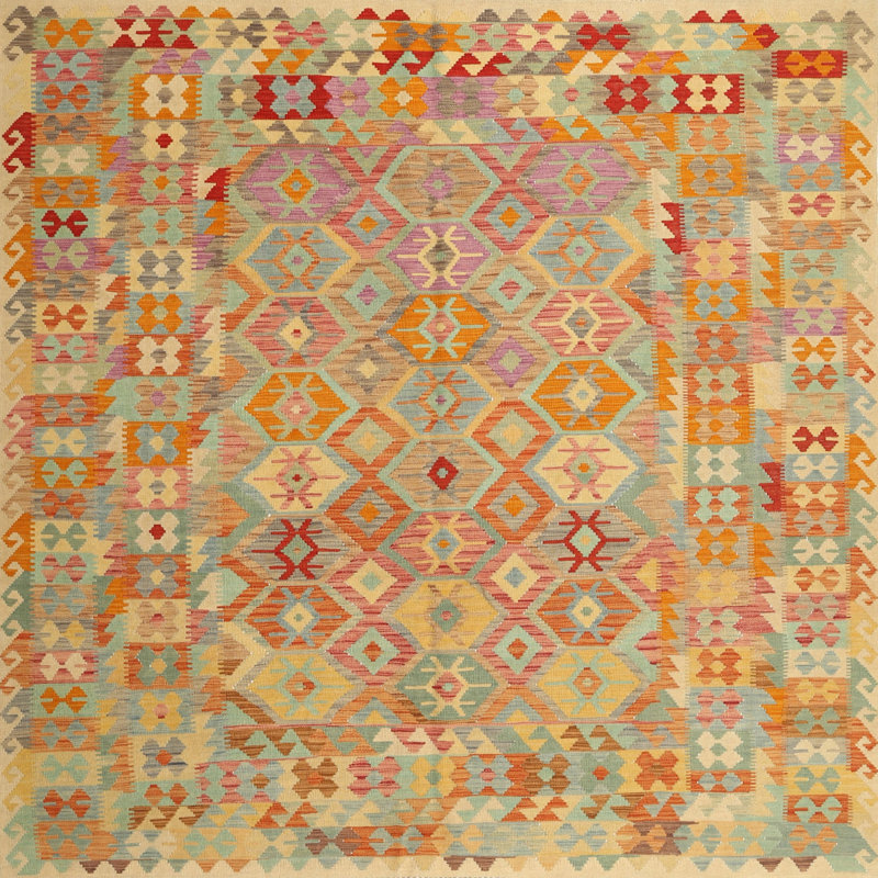 Tapis orange/jaune/vert contemporain, Carré 3 pi
